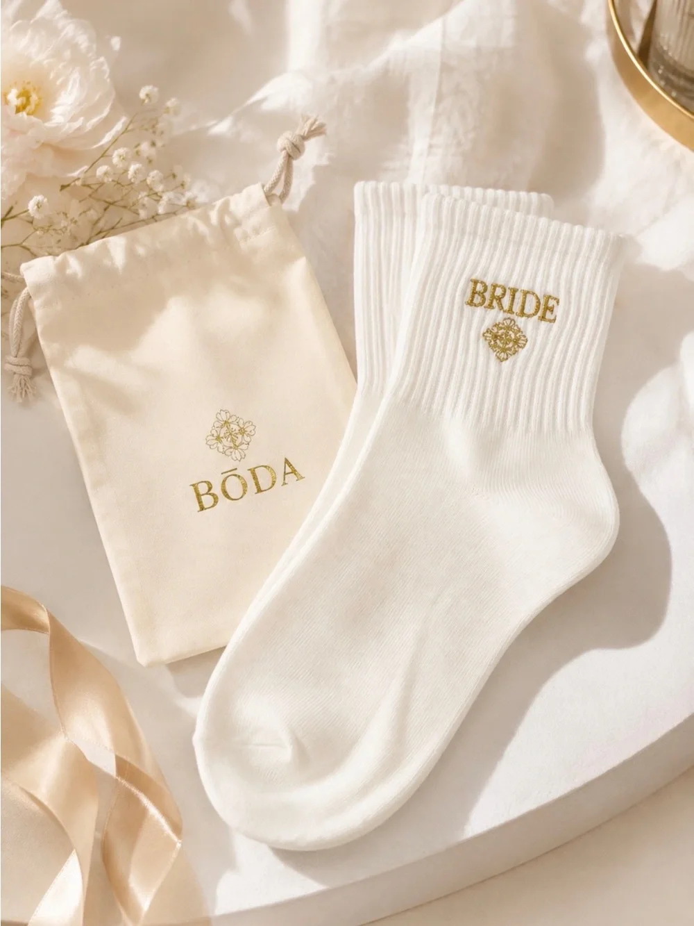 BRIDE Embroidered Ivory Socks with Bōda Pouch